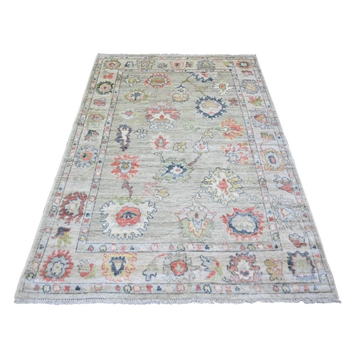 Medium Gray, Afghan Angora Oushak with Colorful Motifs Natural Dyes, Pure Wool Hand Knotted, Oriental Rug