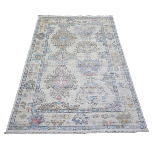 Ivory, Natural Dyes Afghan Angora Oushak with All Over Motif, Soft Wool Hand Knotted, Oriental Rug