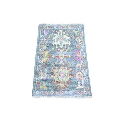 Steel Blue, Natural Dyes Afghan Angora Oushak with Colorful Pattern, Pure Wool Hand Knotted, Mat Oriental Rug