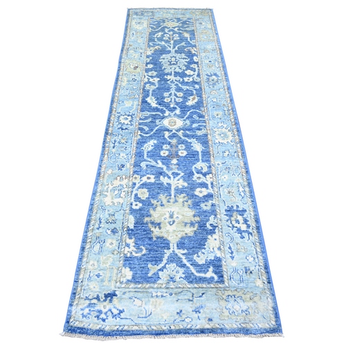 Sapphire Blue, Afghan Angora Oushak with Pop Of Colors Natural Dyes, Pure Wool Hand Knotted, Runner Oriental Rug