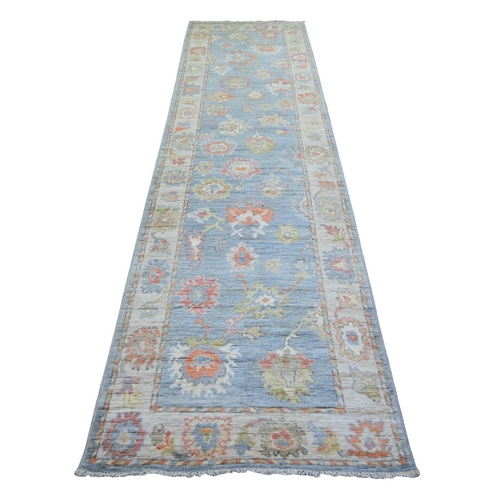 Steel Blue, Hand Knotted Extra Soft Wool, Afghan Angora Oushak with Natural Dyes, Runner Oriental Rug