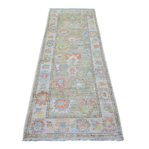 Grayish Brown, Afghan Angora Oushak with Colorful Motifs, Natural Dyes, Extra Soft Wool, Hand Knotted, Runner Oriental Rug