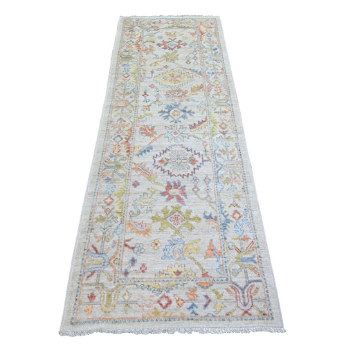 Ivory, Afghan Angora Oushak with Colorful Patterns, Natural Dyes, Pure Wool, Hand Knotted, Runner Oriental Rug