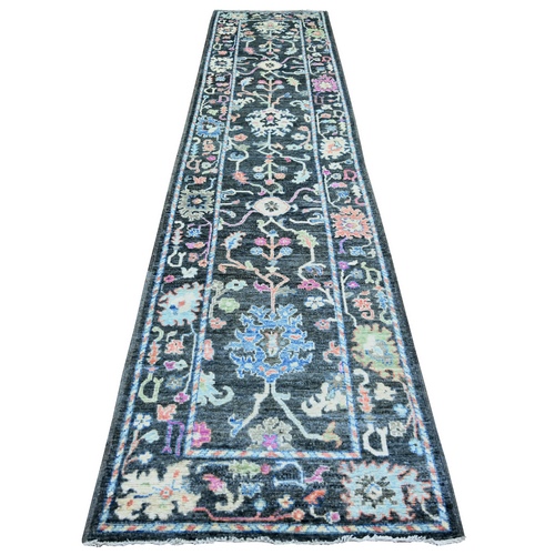 Gunmetal Black, Afghan Angora Oushak With All Over Vines and Floral Pattern, Natural Dyes, Soft Wool, Hand Knotted, Runner Oriental Rug