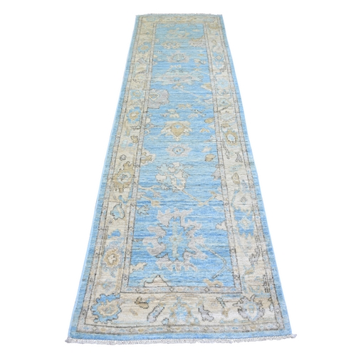 Berry Blue, Afghan Angora Oushak With Faded Colors, Natural Dyes, Soft Wool, Hand Knotted, Runner Oriental Rug
