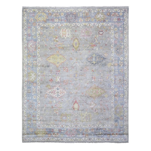 Cloud Gray, Afghan Angora Oushak with Colorful Deisgn, Natural Dyes, Extra Soft Wool, Hand Knotted, Oriental Rug