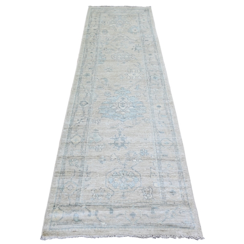 Goose Gray, Extra Soft Wool Hand Knotted, Afghan Angora Oushak with Faded Colors Natural Dyes, Runner Oriental Rug