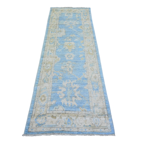 Sky Blue, Natural Dyes Afghan Angora Oushak with Soft Colors, 100% Wool Hand Knotted, Runner Oriental Rug