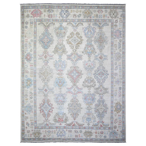Ivory, Hand Knotted Pure Wool, Natural Dyes Afghan Angora Oushak with All Over Pattern, Oriental Rug