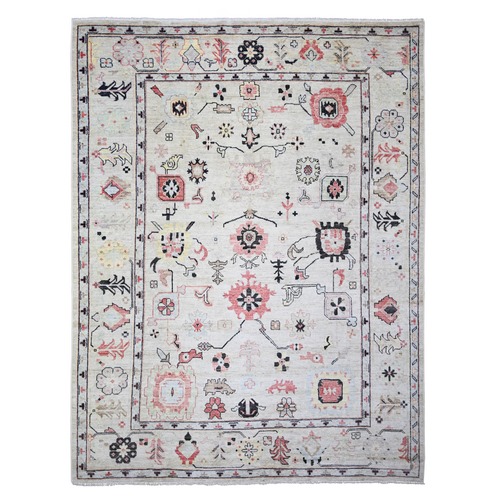 Pure Silver, Afghan Angora Oushak with Colorful Pattern Natural Dyes, Extra Soft Wool Hand Knotted, Oriental Rug