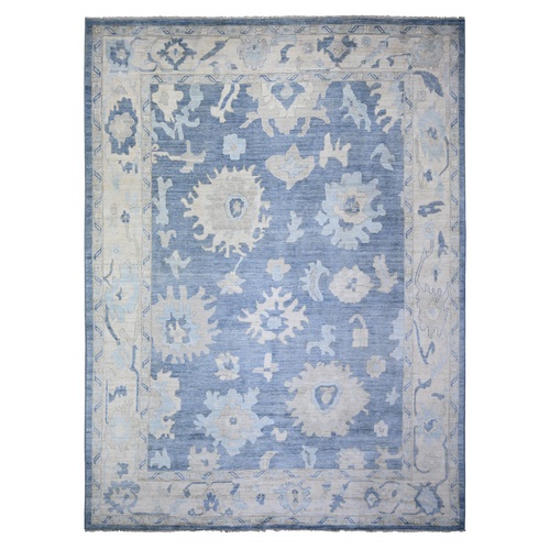 Air Superiority Blue, Hand Knotted Afghan Angora Oushak with Large Motifs, Vegetable Dyes 100% Wool, Oriental Rug