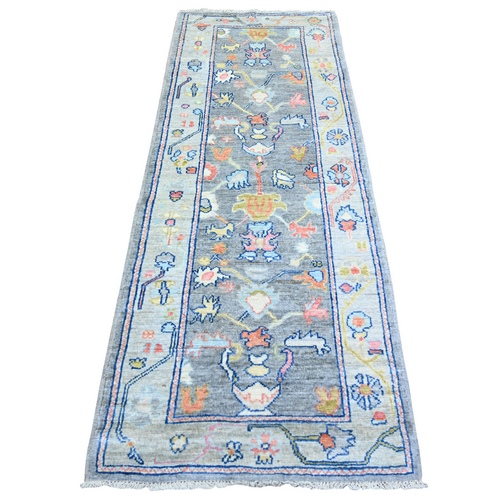 Old Silver Gray, Afghan Angora Oushak With All Over Colorful Floral Design, Natural Dyes, Pure Wool, Hand Knotted, Runner Oriental Rug