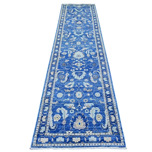 Sapphire Blue, Natural Dyes Finer Peshawar with Pop Of Colors, Pure Wool Hand Knotted, Runner Oriental 