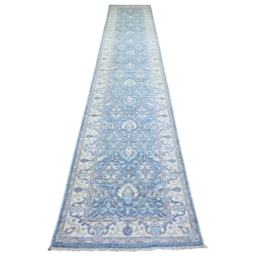 Steel Blue, Finer Peshawar with All Over Motifs Natural Dyes, 100% Wool Hand Knotted, XL Runner Oriental 