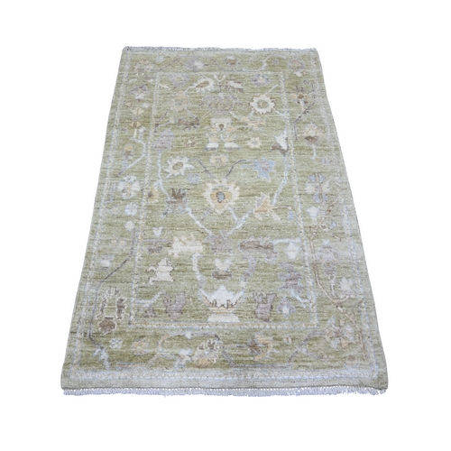 Moss Green, Natural Dyes, Pure Wool, Hand Knotted, Afghan Angora Oushak with Soft Colors, Oriental Rug