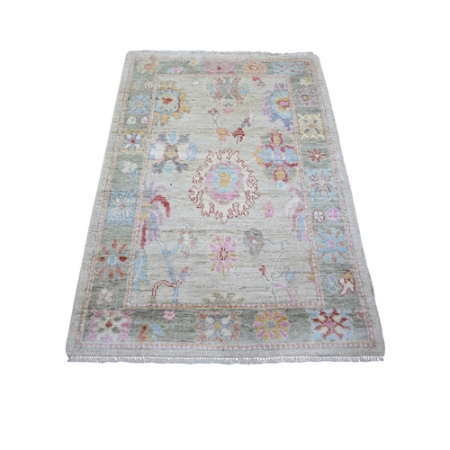 Cloud Gray, Afghan Angora Oushak with Colorful Motifs, Natural Dyes, 100% Wool, Hand Knotted, Oriental Rug