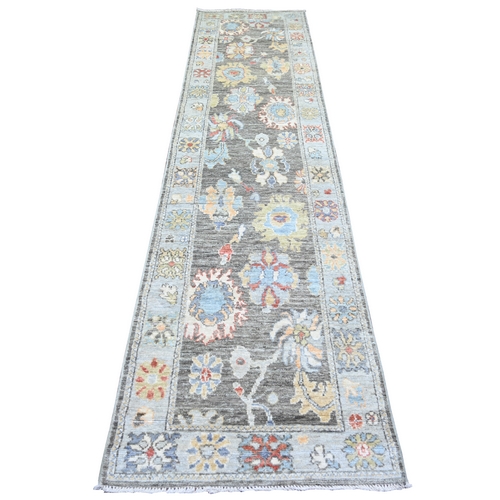 Davy's Gray, Hand Knotted Afghan Angora Oushak with All Over Motifs, Natural Dyes Soft Wool, Runner Oriental 