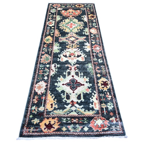 Charcoal Black, Afghan Angora Oushak with Pop of Colors Natural Dyes, Pure Wool Hand Knotted, Runner Oriental Rug