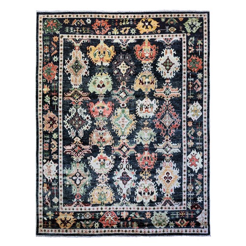Charcoal Black, 100% Wool Hand Knotted, Afghan Angora Oushak with All Over Colorful Motifs Natural Dyes, Oriental Rug