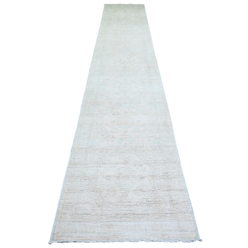 White Wash Peshawar with Faded Design, Vegetable Dyes, Soft Wool, Hand Knotted, XL Runner Oriental 