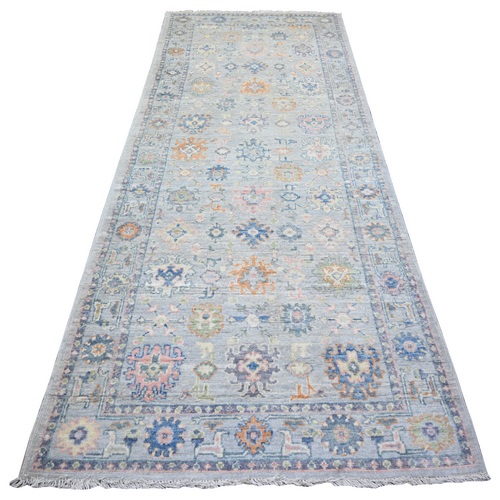 Slate Gray, Pure Wool, Afghan Angora Oushak with Geometric Leaf Design and Small Animal Figurines, Natural Dyes, Hand Knotted Wide Runner Oriental 
