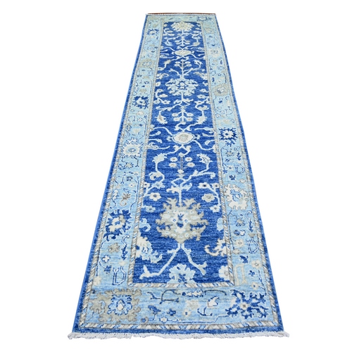 Sapphire Blue, Afghan Angora Oushak with All Over Design, Hand Knotted, Pure Wool, Natural Dyes Oriental Runner Rug