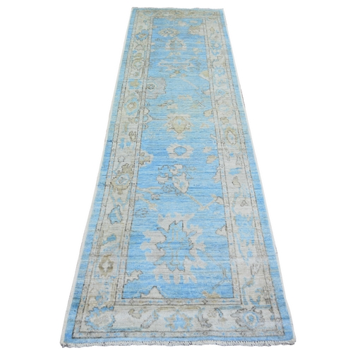 Cerulean Blue, Afghan Angora Oushak with Large Leaf Design, Hand Knotted, Pure Wool, Natural Dyes, Runner, Oriental 