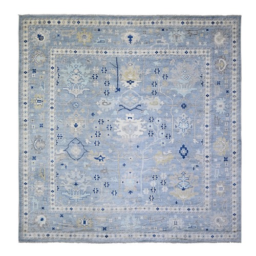 Air Force Blue, Pure Wool Hand Knotted, Natural Dyes Afghan Angora Oushak with All Over Motifs, Oriental 