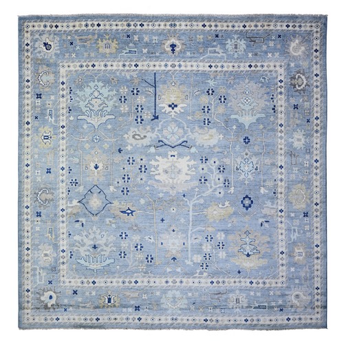 Air Force Blue, Afghan Angora Oushak with All Over Motifs Natural Dyes, Pure Wool Hand Knotted, Square Oriental 