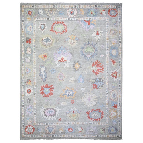 Cloud Gray, Hand Knotted Extra Soft Wool, Natural Dyes Afghan Angora Oushak with Colorful Motifs, Oversized Oriental 