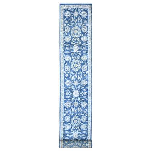 Cerulean Blue, Finer Peshawar with All Over Motifs, Natural Dyes, Extra Soft Wool Hand Knotted, XL Runner Oriental 