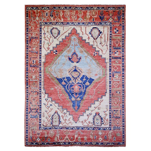 Crimson Red, Anatolian Village Inspired with Large Medallion Natural Dyes Distinct Abrash, Pure Wool Hand Knotted, Oriental 