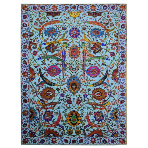 Light Blue, Colorful Sickle Leaf 17th Century Design, Sari Silk and Wool Hand Knotted, Oriental Rug