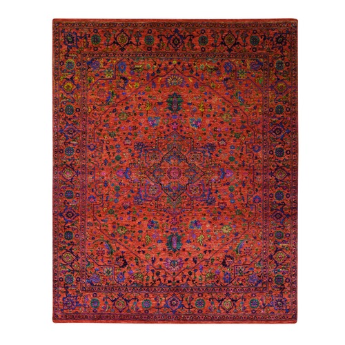 Brick Red, Heriz Design with Medallion, Sari Silk and Wool Hand Knotted, Oriental Rug