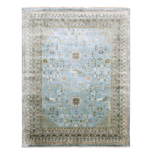 Light Blue, 100% Pure and Real Silk, Khotan Design with All Over Flower Pattern, Hand Knotted, Oriental Rug