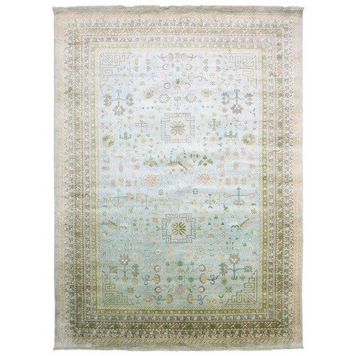 Light Blue, Khotan Design with All Over Floral Pattern, 100% Pure and Real Silk Hand Knotted, Oriental Rug