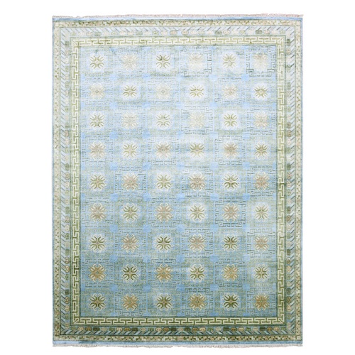 Light Blue, 100% Pure and Real Silk Hand Knotted, Khotan Repetitive Roman Key and Rosette Design, Oriental Rug