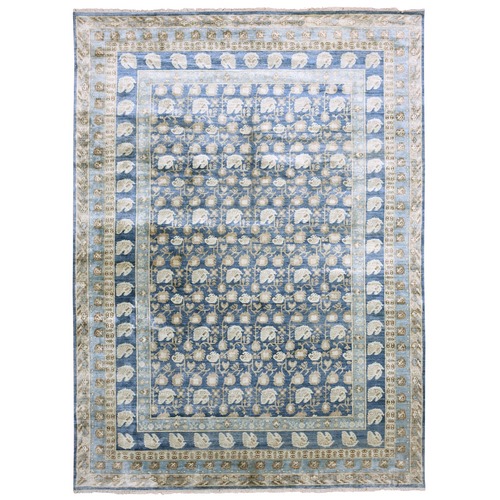 Yale Blue, Hand Knotted 100% Pure Real Silk, Khotan Repetitive Flower and Branch Design with Multiple Borders, Oriental 