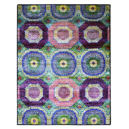 Colorful, Mamluk Design, Sari Silk With Textured Wool Hand Knotted, Oriental Rug
