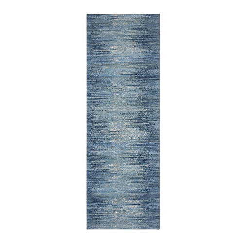 Blue with Touches of Ivory Hand Knotted Pure Wool Only Horizontal Ombre Design Oriental Wide Runner Rug