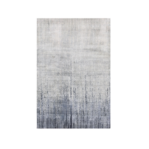 Hand Knotted Gray Vertical Ombre Design Pure Silk with Textured Wool Oriental Rug