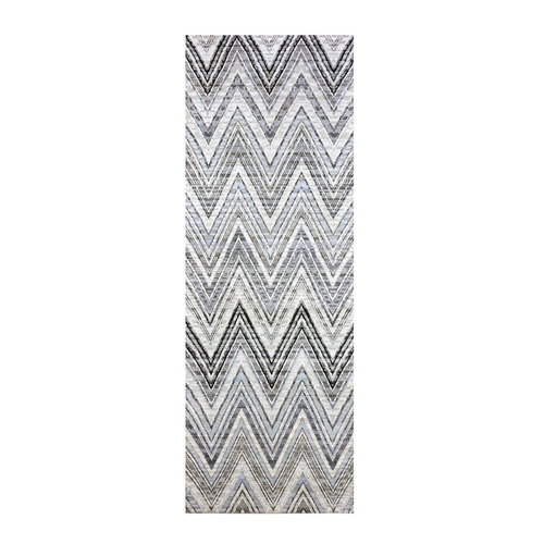 Ivory Chevron Design Modern Textured Wool and Pure Silk Hand Knotted Oriental Wide Runner Rug Ivory Chevron Design Modern Textured Wool and Pure Silk Hand Knotted Oriental Wide Runner Rug