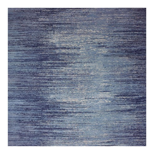 Blue with Touches of Ivory, Hand Knotted Horizontal Ombre Design, Wool Only, Square Oriental Rug