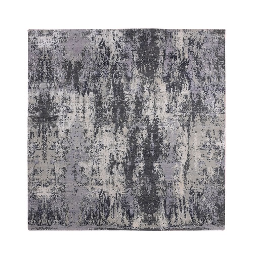 Charcoal Gray, Modern Abstract Design, Wool and Silk Denser Weave, Persian Knot Hand Knotted Square Oriental 