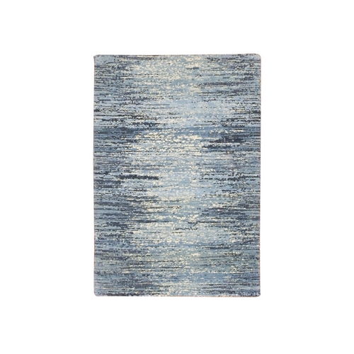 Blue with Touches of Ivory Hand Knotted Pure Wool Only Horizontal Ombre Design Mat Oriental Rug