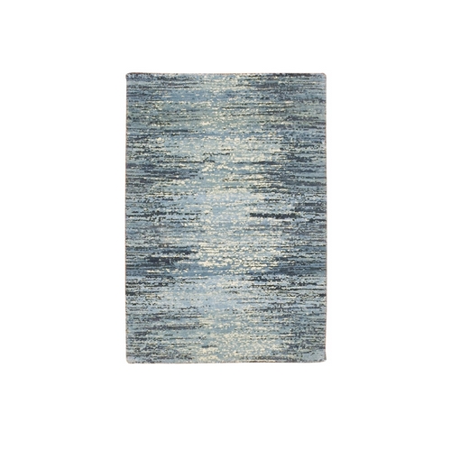 Blue with Touches of Ivory Only Horizontal Ombre Design Hand Knotted Pure Wool Oriental Mat Rug
