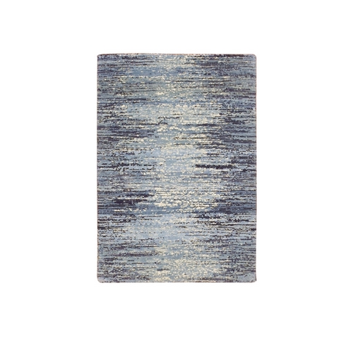Blue with Touches of Ivory Hand Knotted Pure Wool Only Horizontal Ombre Design Mat Oriental Rug