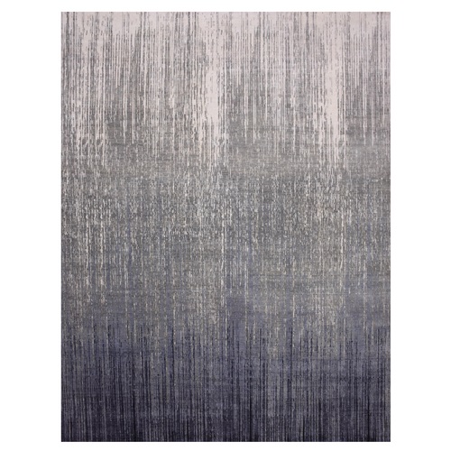 Gray and Blue, Modern Ombre Design Densely Woven, Pure Wool Hand Knotted, Oversized Oriental Rug