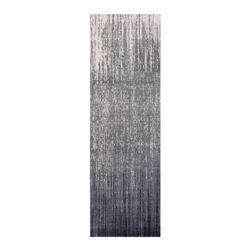 Gray and Blue, Hand Knotted Modern Ombre Design, Densely Woven Pure Wool, Runner Oriental Rug