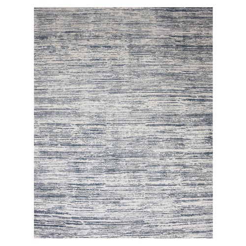 Blue and Ivory, Modern Stripe Design Pure Silk with Textured Wool Hand Knotted Tone on Tone, Oversized Oriental Rug